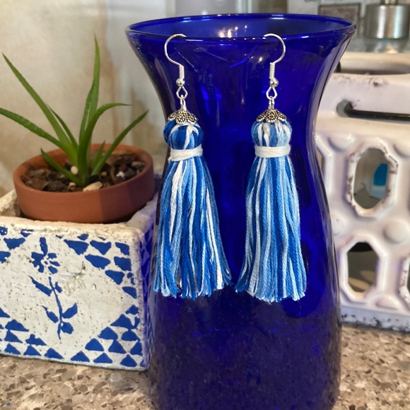 Hand Crafted Jewelry - 3/$30 Hand Crafted Boho 2” Blue Ombré fringe tassel dangle earrings Nickel Free
